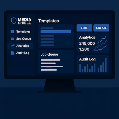 Stylized user interface of the Media Shield admin dashboard showing controls and analytics