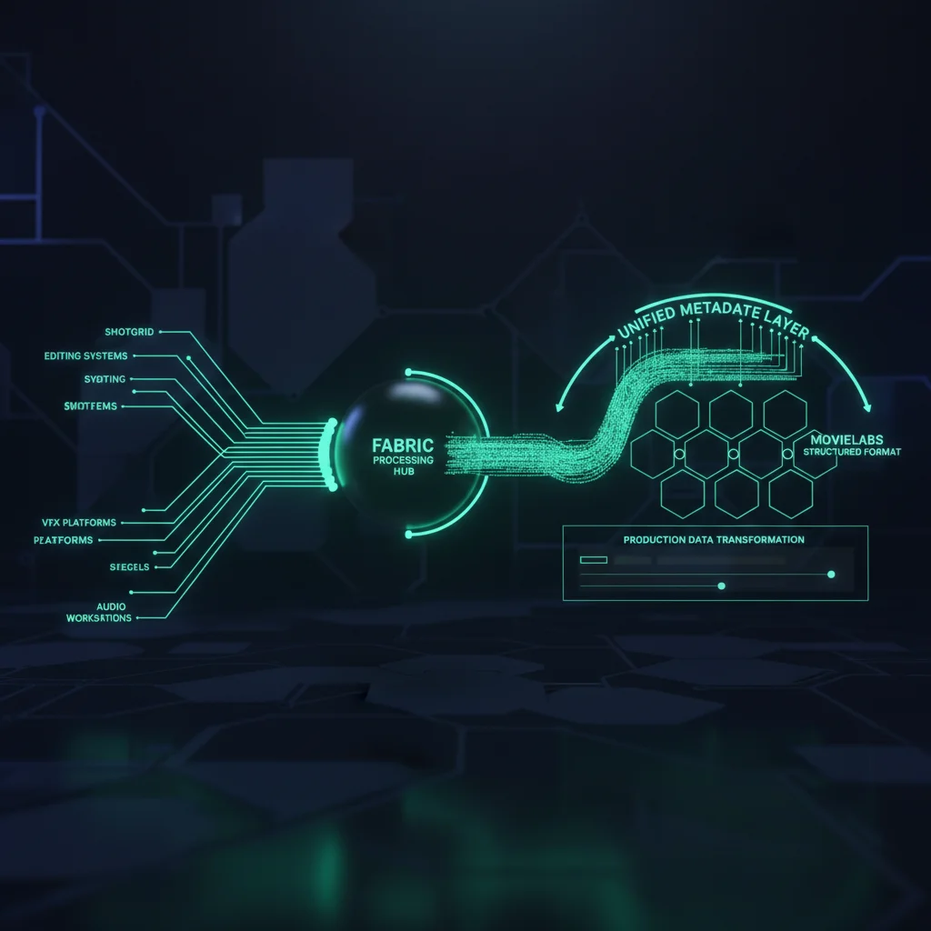 ShotGrid production management connecting to Fabric processing hub with emerald data flows