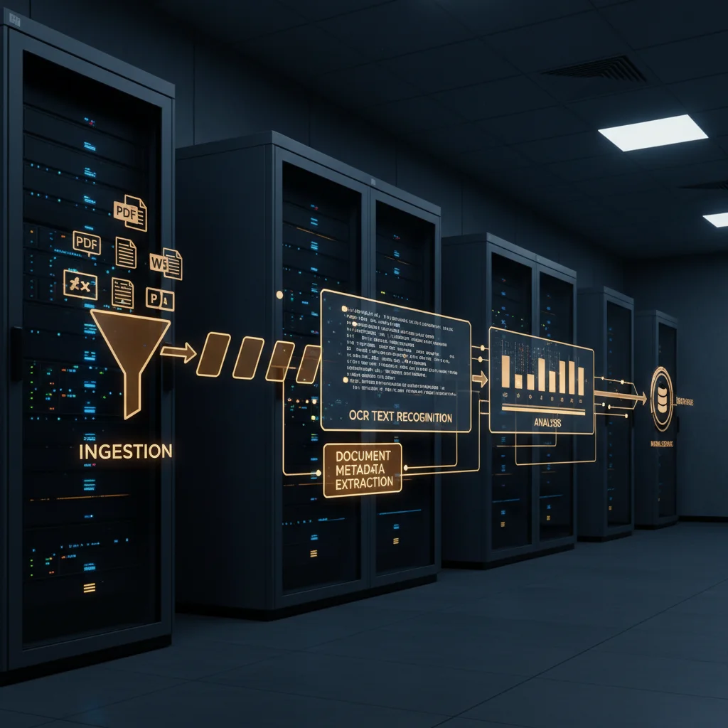 Document processing pipeline showing PDF and Office document analysis with OCR text recognition and metadata extraction