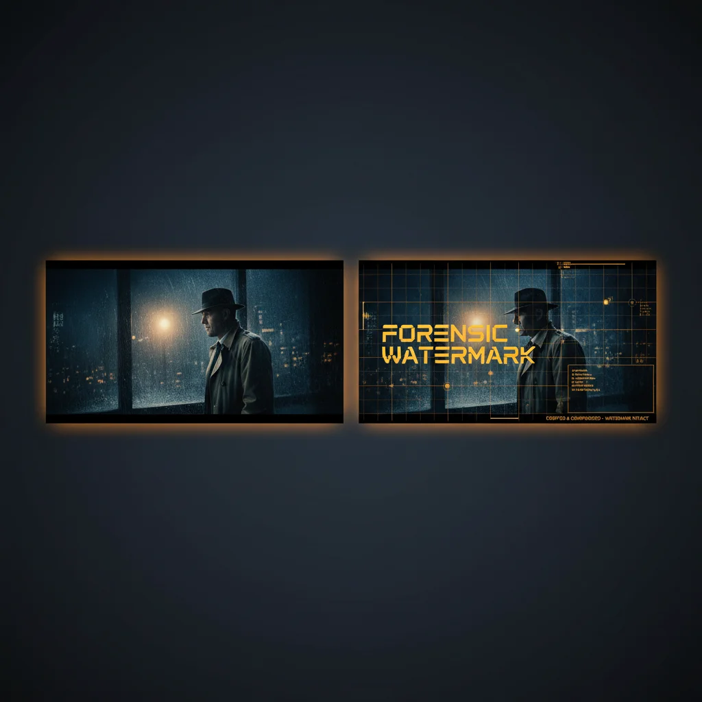 Split-screen visualization of original versus forensic watermarked cinematic frame