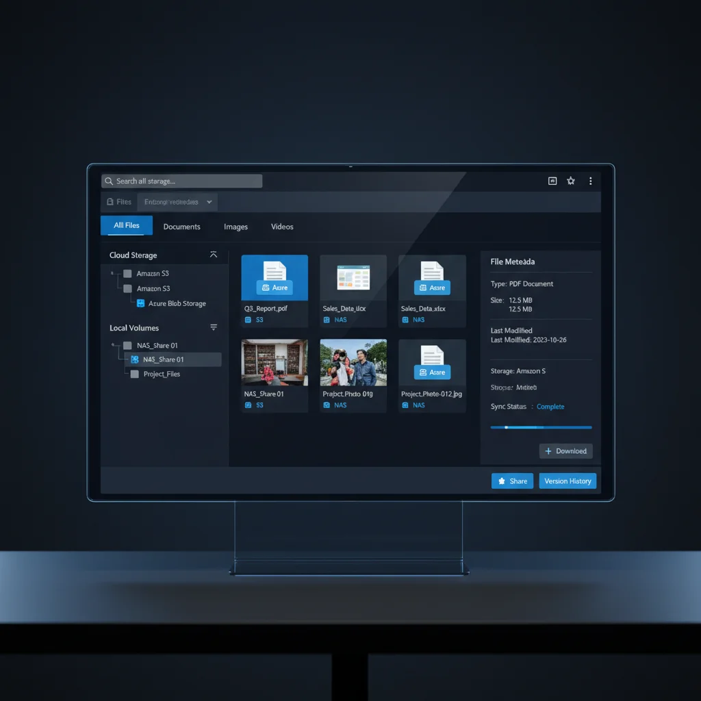 Unified file browser interface showing S3, Azure, and NAS storage volumes in a single view