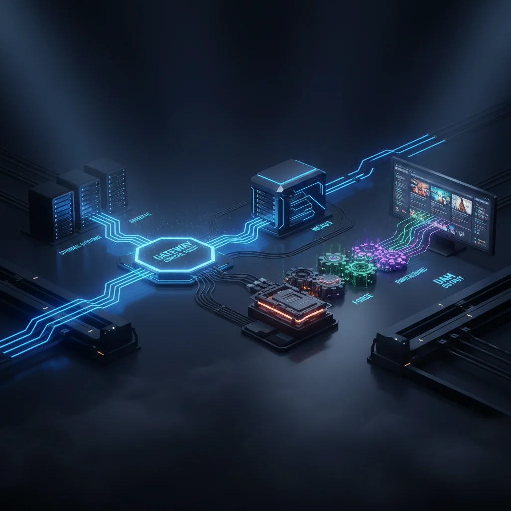 Gateway media pipeline flow visualization showing storage routing through Nexus, Forge, Fabric to DAM