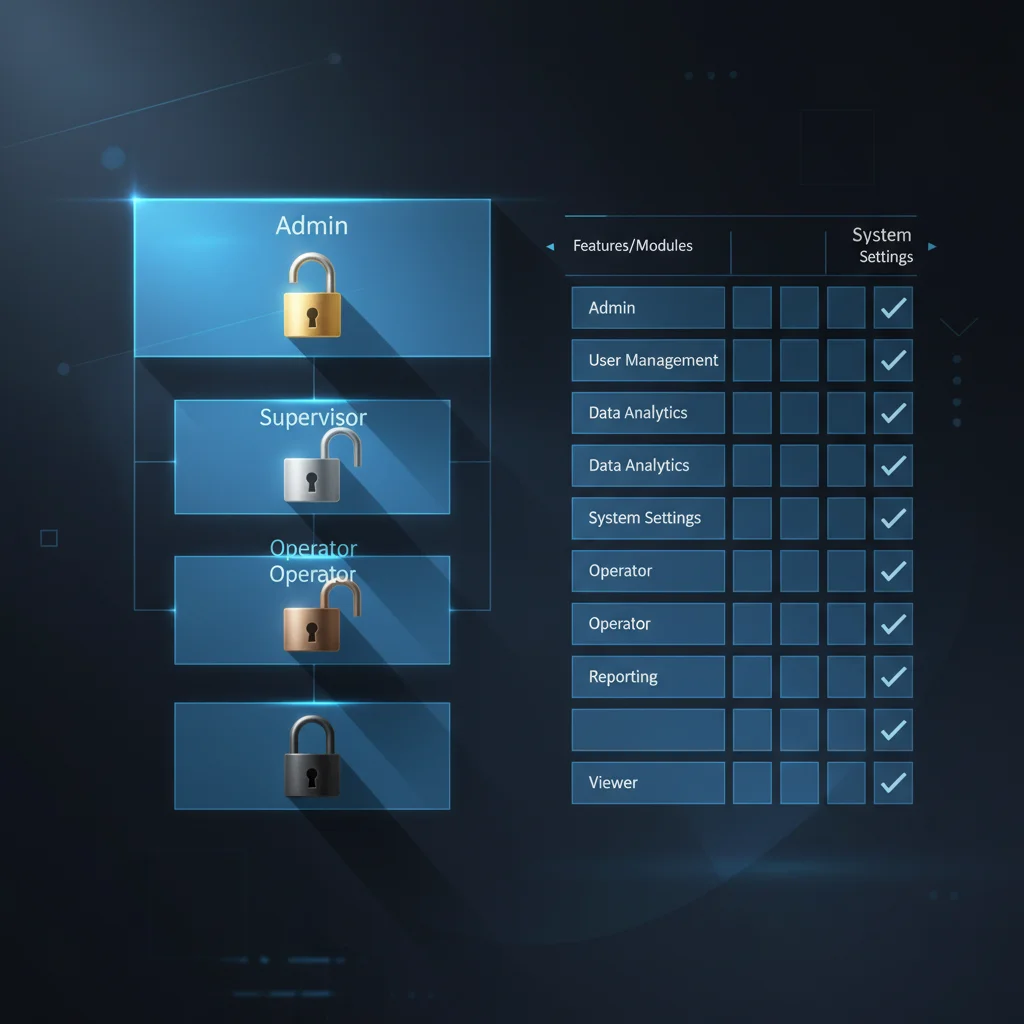 Role-based access control hierarchy showing Admin, Supervisor, Operator, and Viewer permission levels