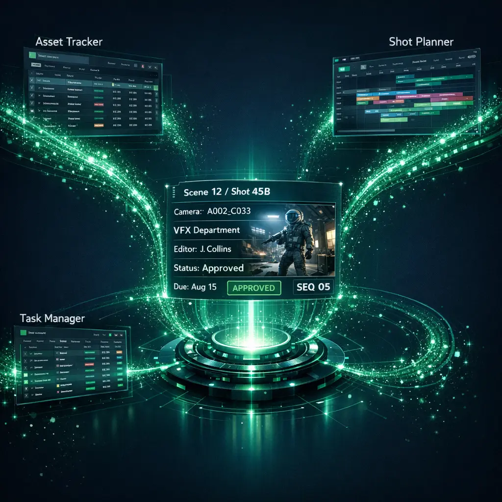 Data integration visualization showing production platforms feeding into a central processing node