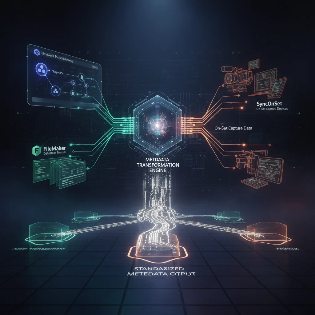 Data flow from ShotGrid, FileMaker, and SyncOnSet into standardized metadata