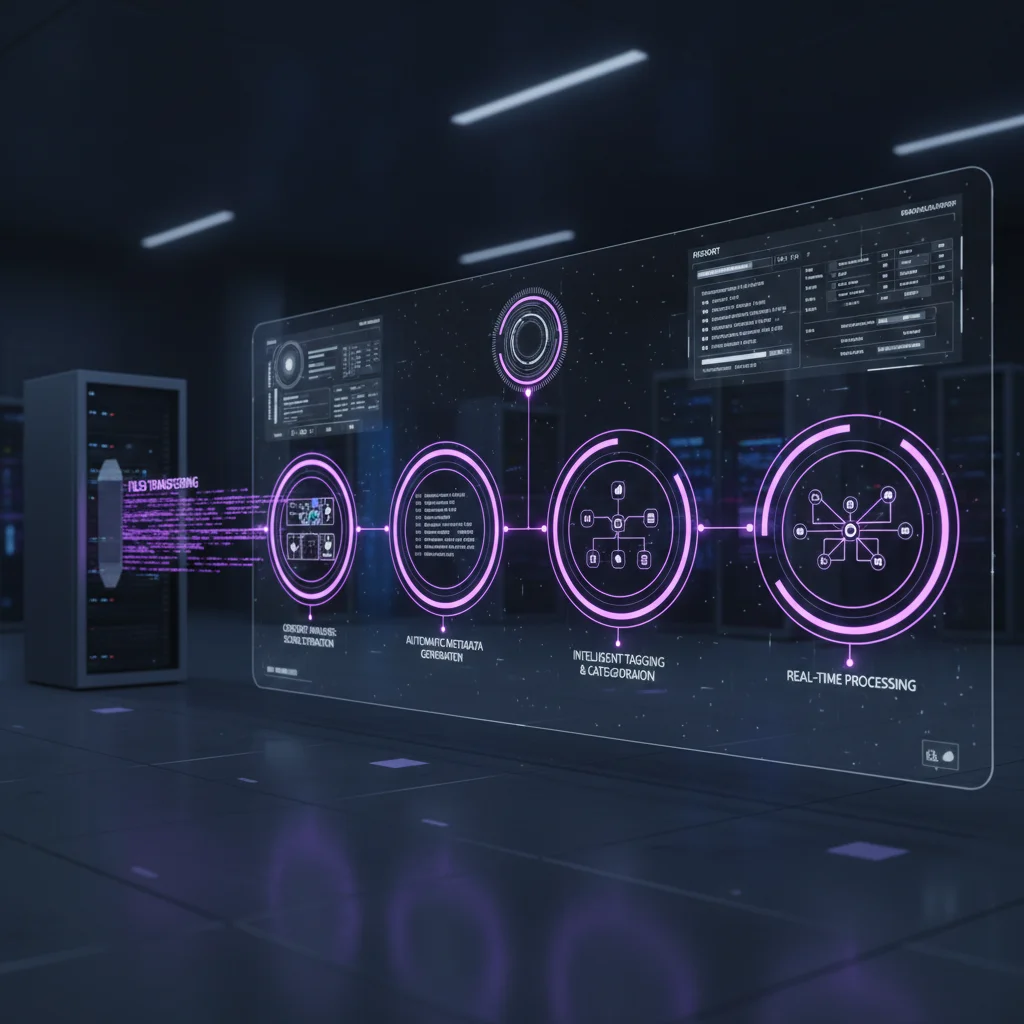Parallel AI analysis pipelines extracting scene information and generating metadata during file transfer