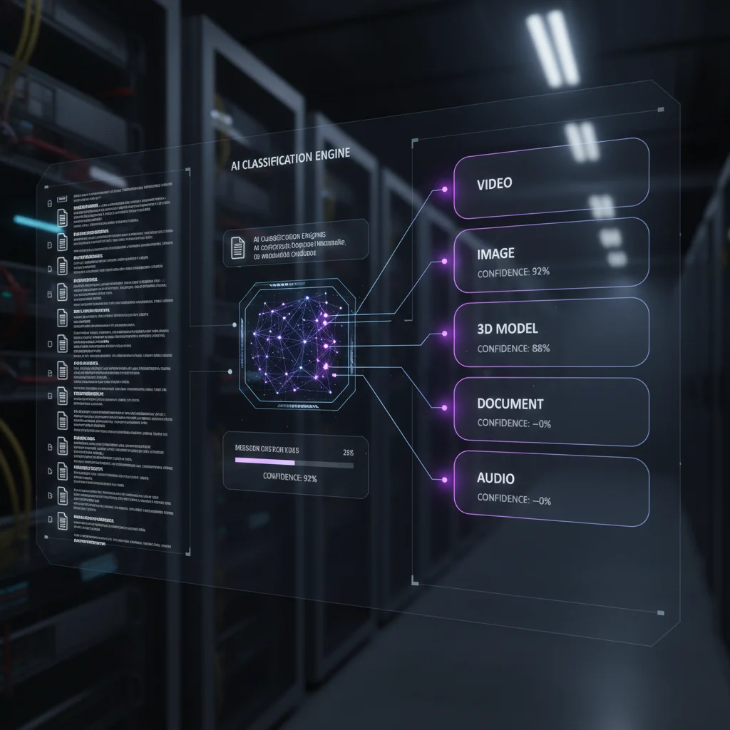 AI classification engine scanning files into categories with confidence scores and violet glow accents