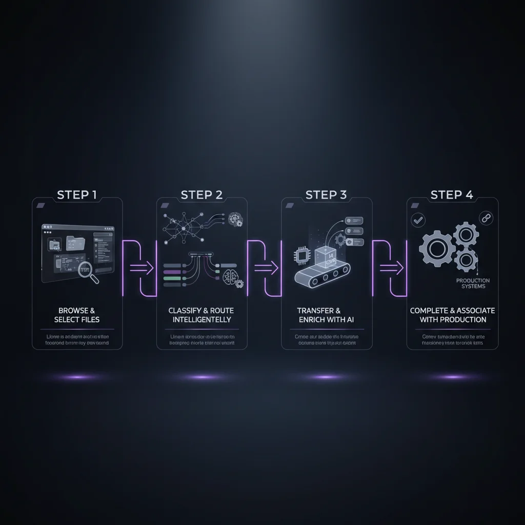 4-step ingest workflow from browsing and selecting files through classification, transfer, and completion