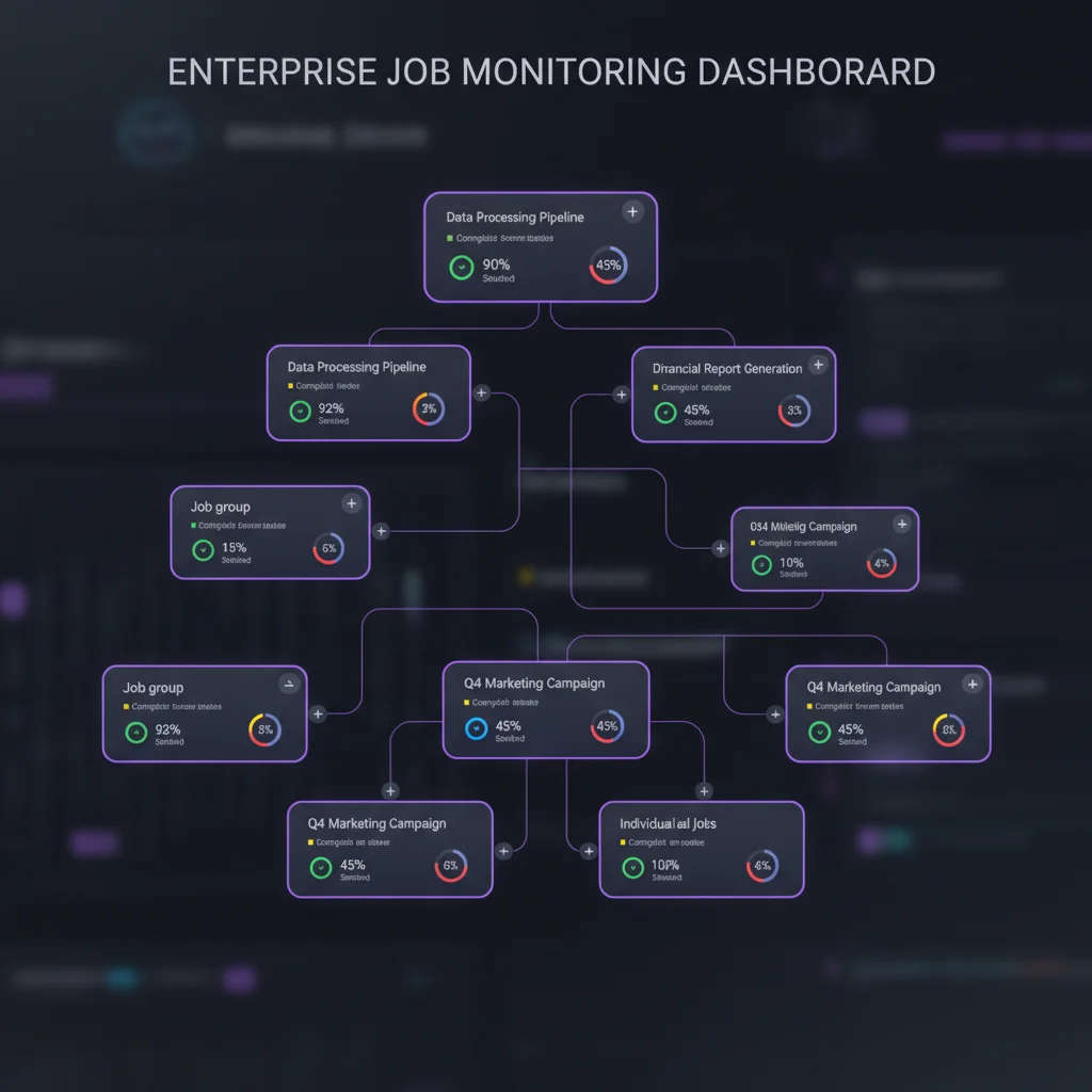 Parent-child job hierarchy tree with status indicators and completion percentages in violet color-coding