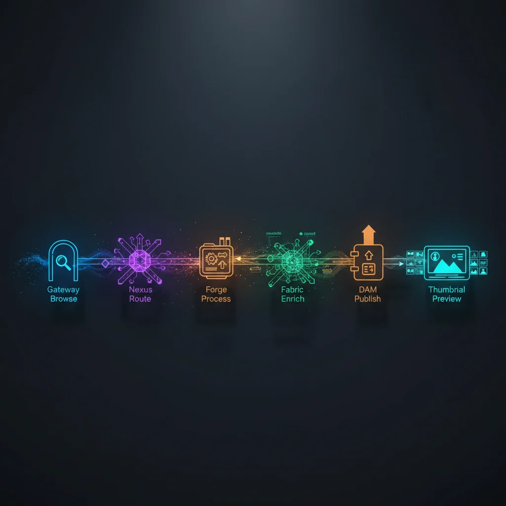 Six-step data flow from Gateway browse through Thumbnail preview