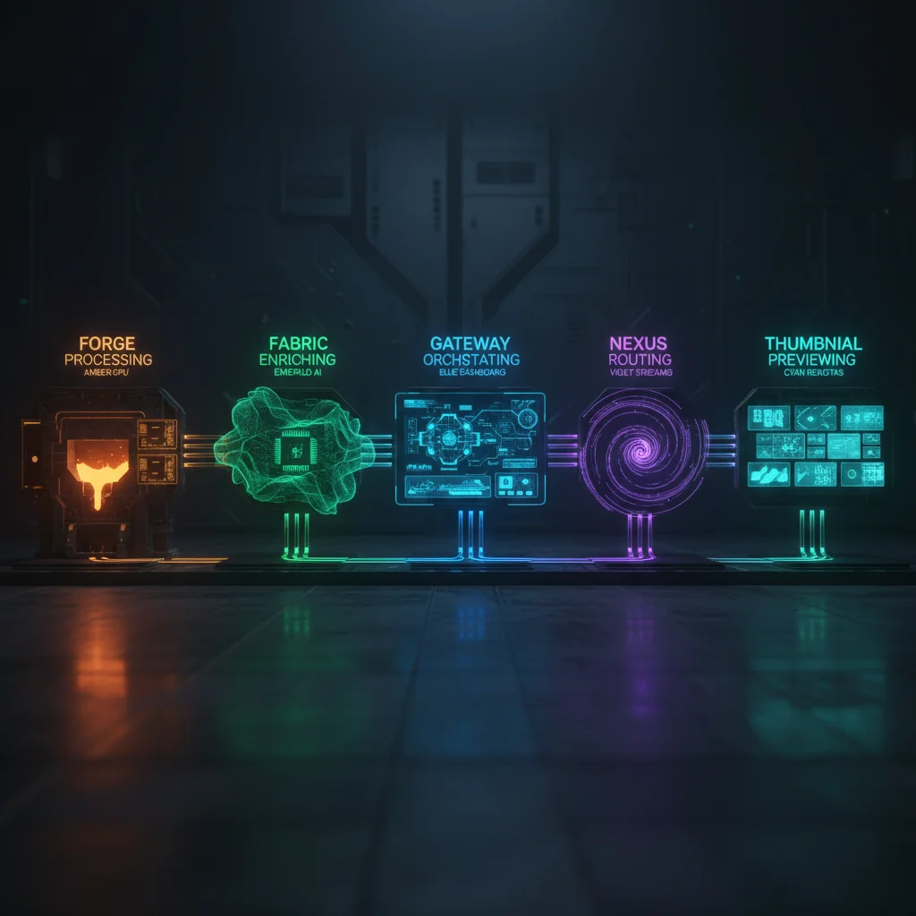 Five product visualization showing Forge, Fabric, Gateway, Nexus, and Thumbnail in a unified pipeline