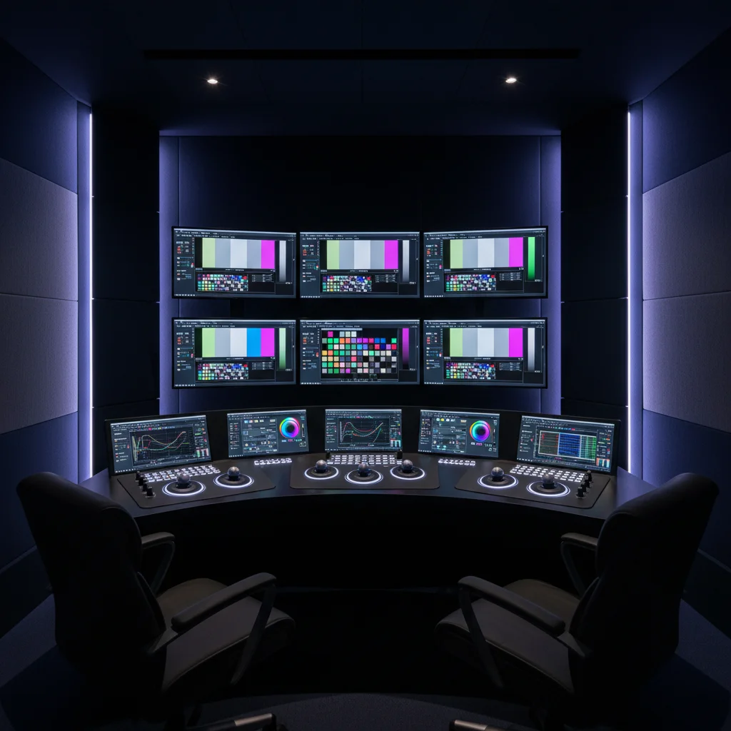 Professional color grading suite with reference monitors and DaVinci Resolve control surface