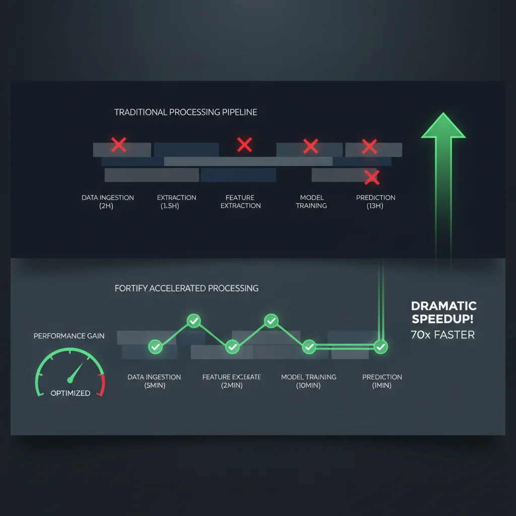 Performance comparison dashboard showing traditional vs Fortify accelerated processing