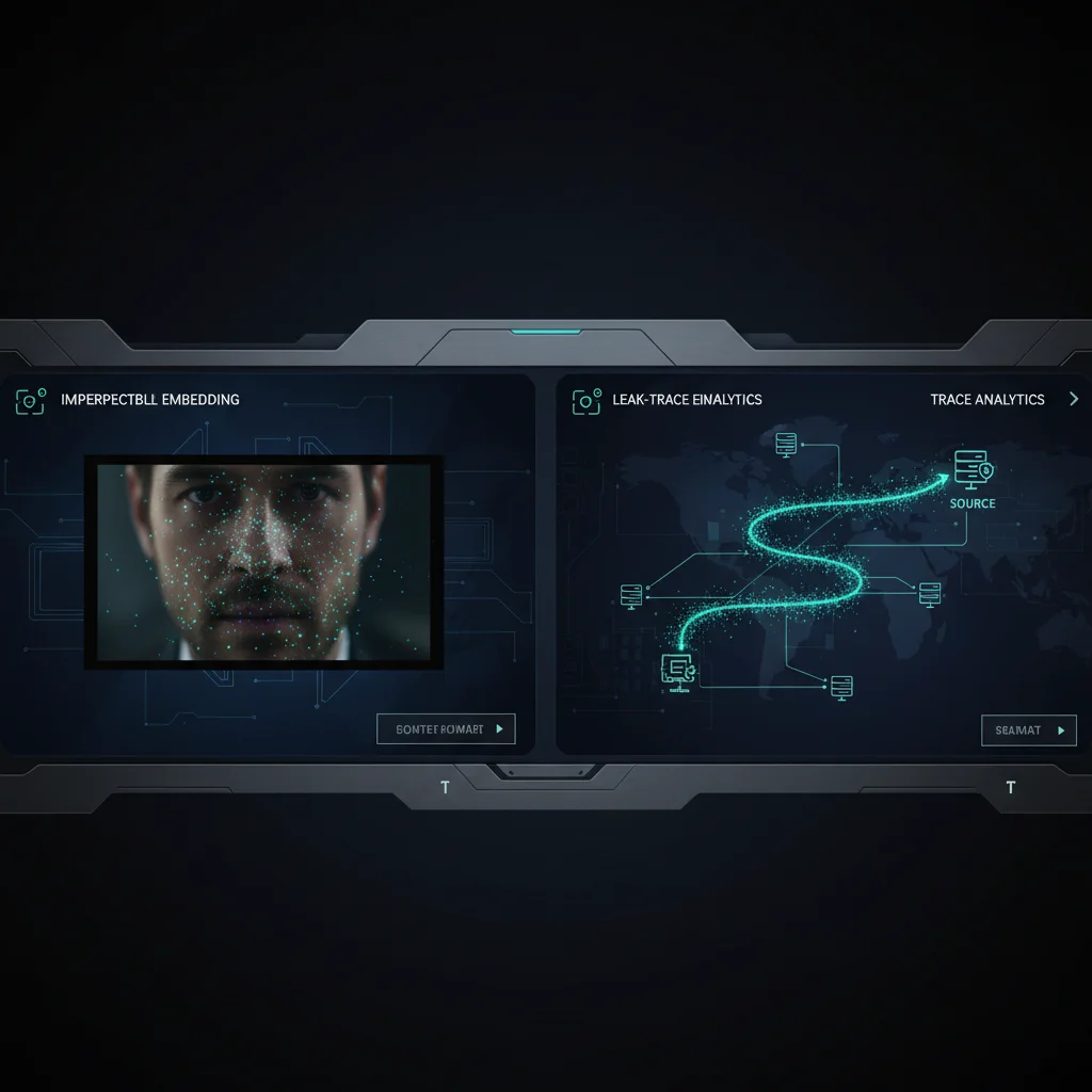 Forensic watermarking visualization showing imperceptible markers and leak tracing