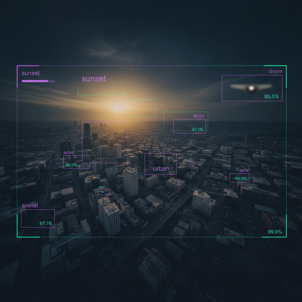 Video footage with AI analysis overlay showing object detection and content tagging
