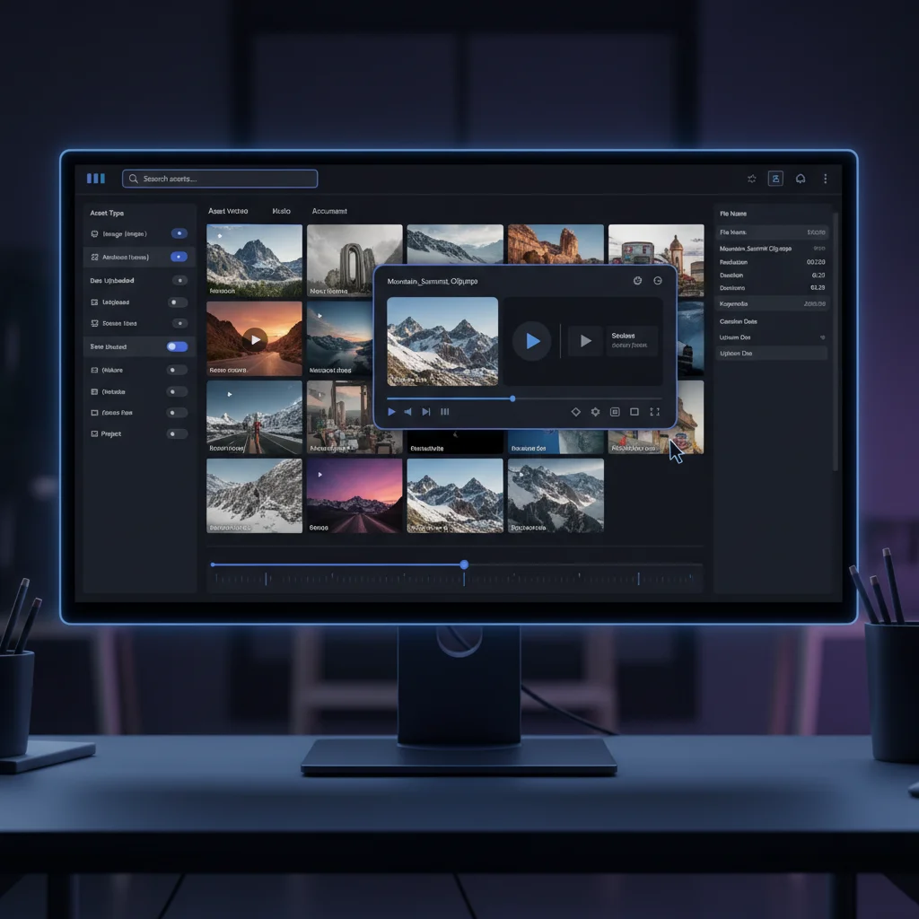 Modern digital asset management interface with media thumbnails and search filters