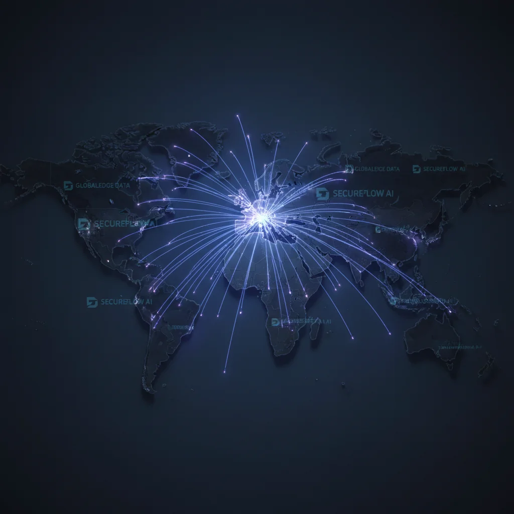 Global content distribution network map with connection lines radiating worldwide