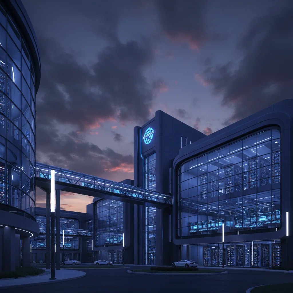 Enterprise media operations center at dusk with illuminated technology infrastructure