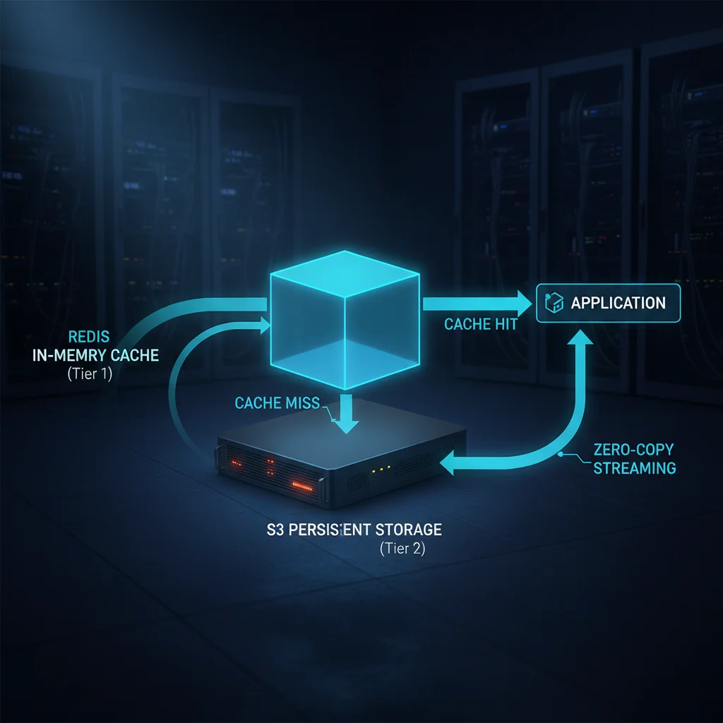 Two-tier cache architecture with in-memory cache and S3 showing data access paths