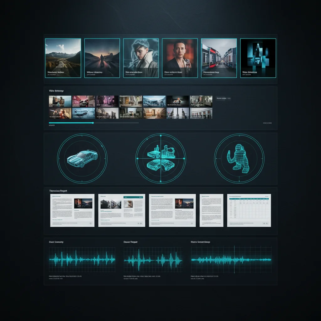 Grid of file format previews organized by category with cyan accent lighting