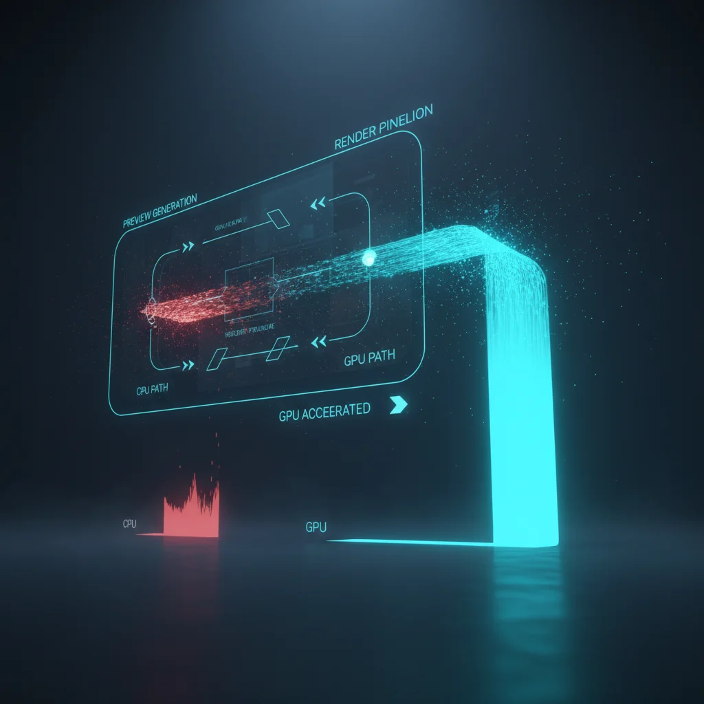 GPU cores processing preview generation in parallel with cyan glow effects