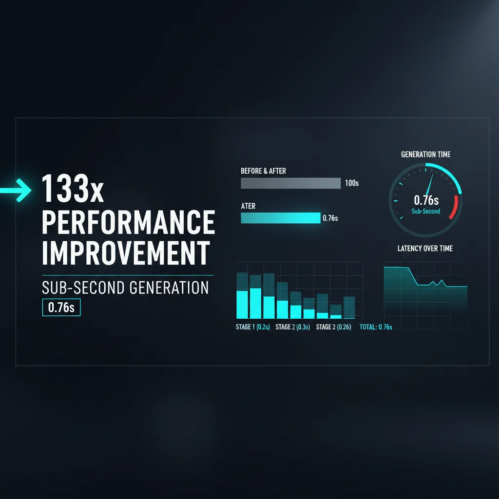 Performance benchmark dashboard showing 133x speed improvement with cyan progress bars