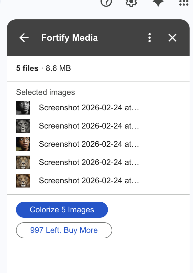 Revive panel inside Google Drive showing 5 selected images, 8.6 MB, with a Colorize button and remaining tokens