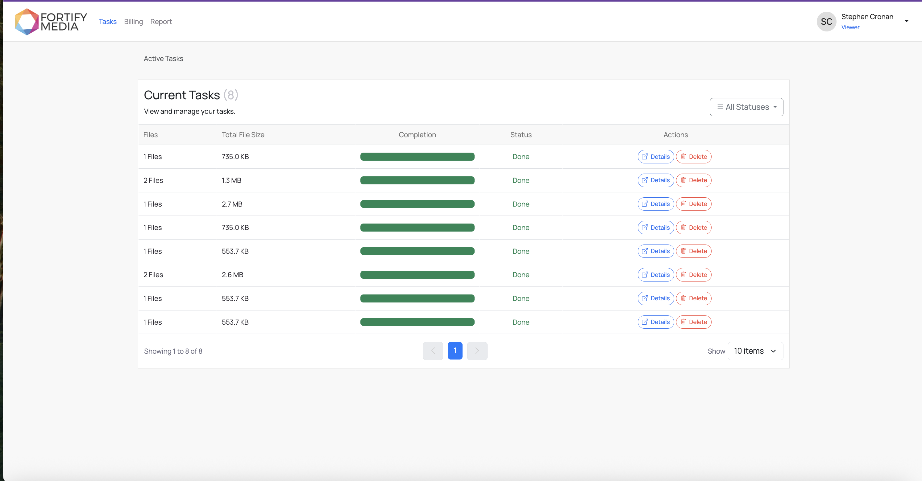Revive Tasks dashboard listing 8 completed colorization jobs with file counts, sizes, completion bars, and status