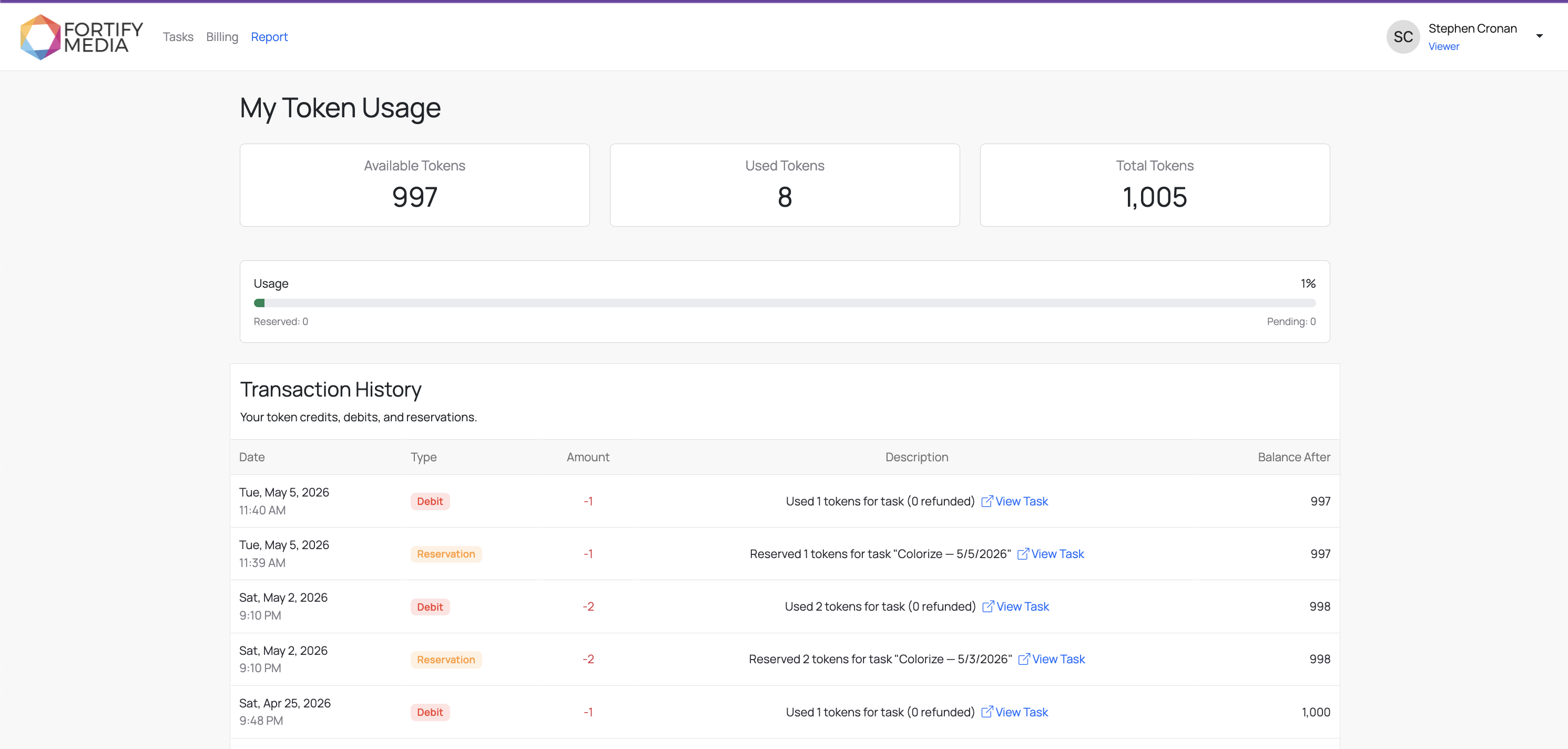 Revive Token Usage page showing available, used, and total tokens plus a transaction history of debits and reservations